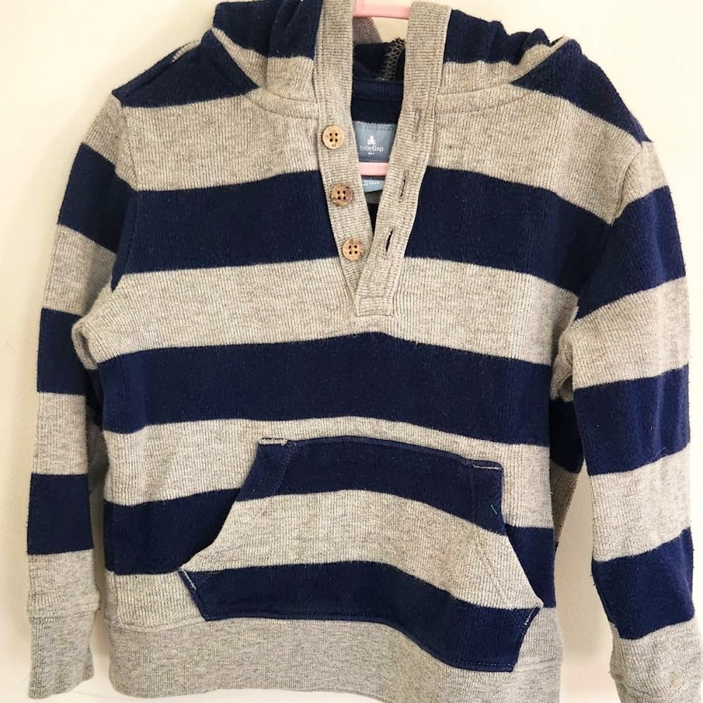 4T Toddler Pull Over Knit sweatshirt with hood (Grey/Blue Stripped) Baby Gap